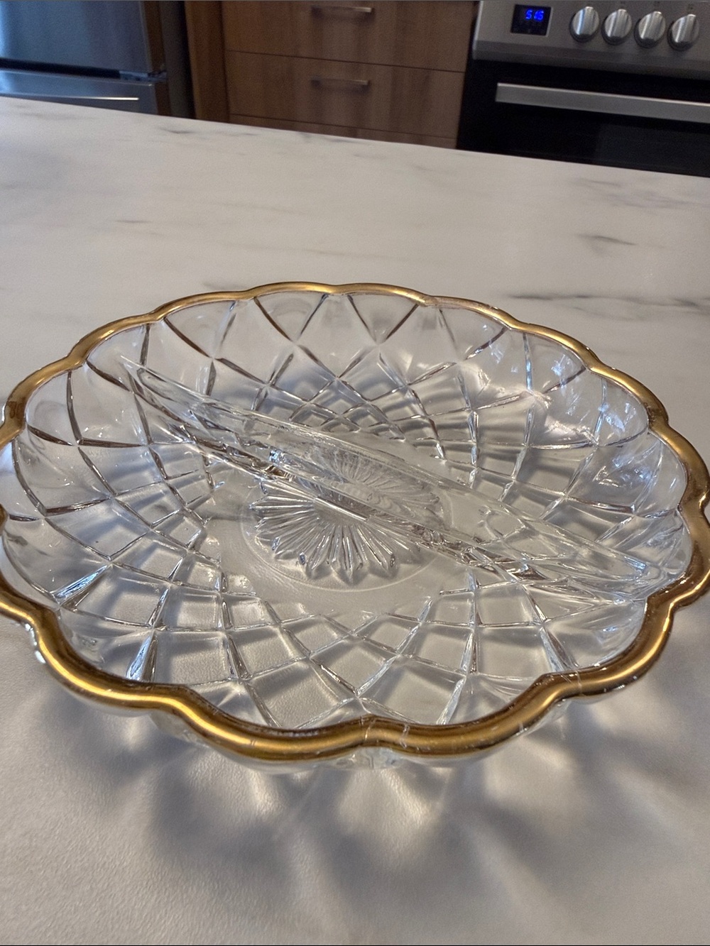 Vintage Clear Glass Divided Serving Dish with Gold Rim